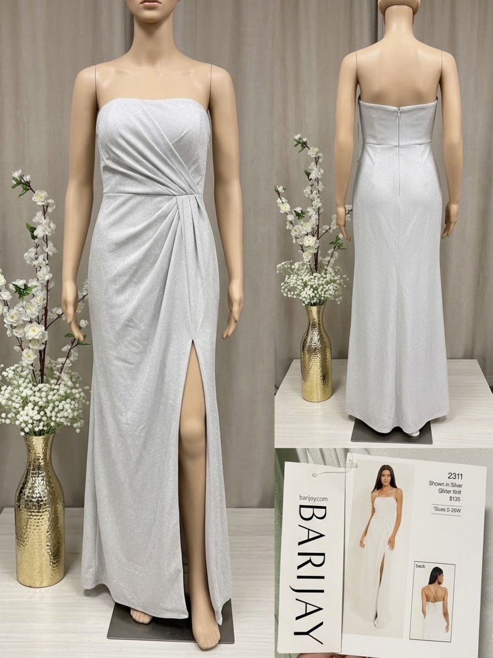 Bari Jay Silver Strapless Glitter Gown with Side Slit